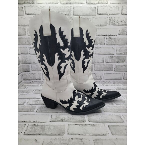 Ann Creek Western Cowboy Knee High Boots White Black High Stitch Contrast Sz 10 - Picture 2 of 8